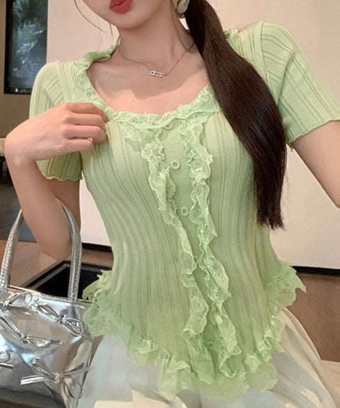 レースフリルニットトップスショート丈夏服 サマーニットレディース ラッフルレースニットソー 甘めコーデ お洒落 コンパクト タイトニット 半袖ニットTシャツ韓国風 6SENZHU-001